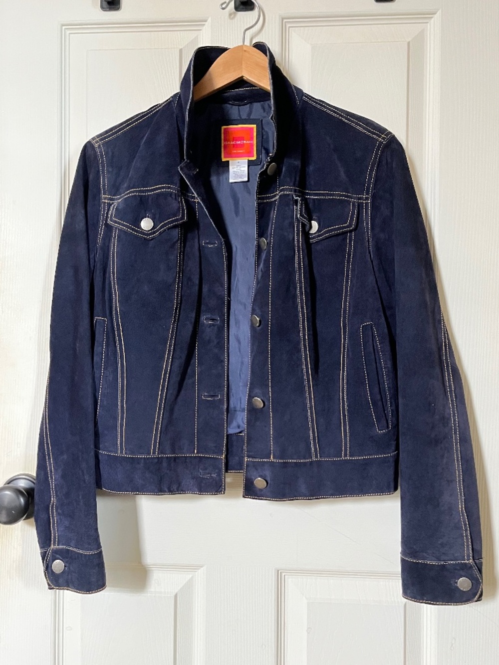 Vintage Y2K Isaac Mizrahi Navy Blue Suede Leather Trucker Jacket - Size M